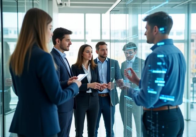 Professional team collaborating in a high-tech modern office space